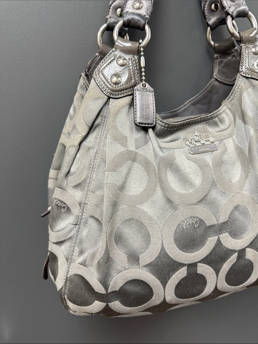 Coach Metallic Silver Opt Art Gray Signature Hobo Bag
